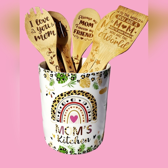 Ceramic Utensil Holder Farmhouse Crock/Wooden Spoons Gift for MOM - Picture 2 of 10